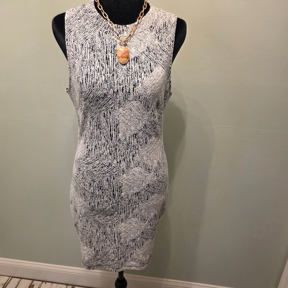 Lush Black White Geometric Keyhole Back Sheath Dress Large H708